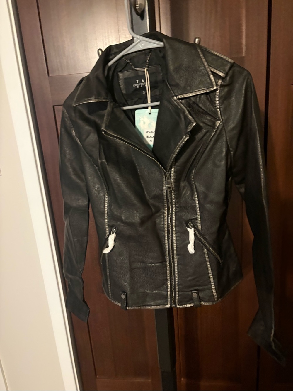 Women’s Black Faux Leather Biker Jacket with Zip Accents